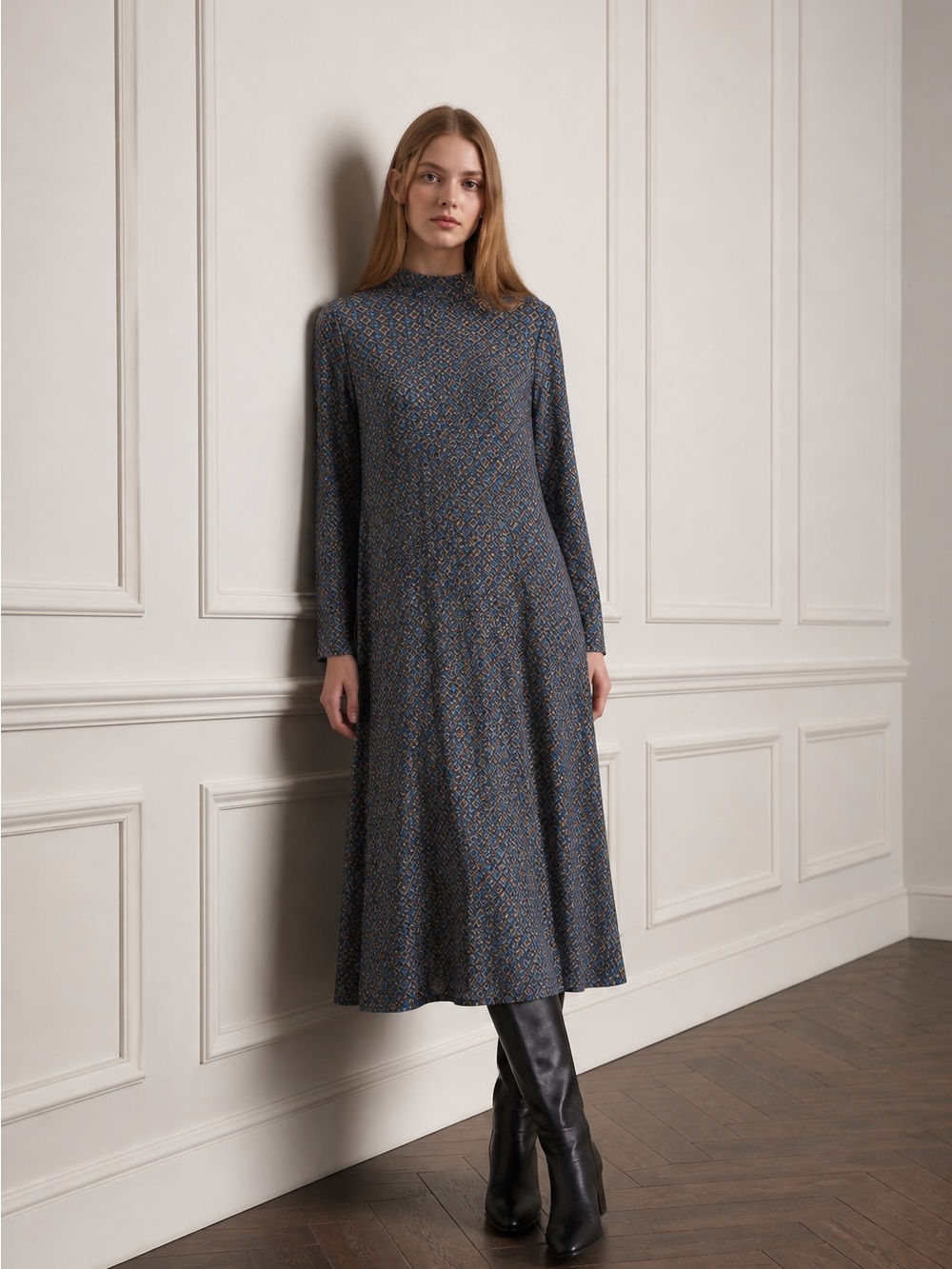 Nadya Toto designer Mock Neck Long-Sleeve Maxi Dress in Navy Floral Print